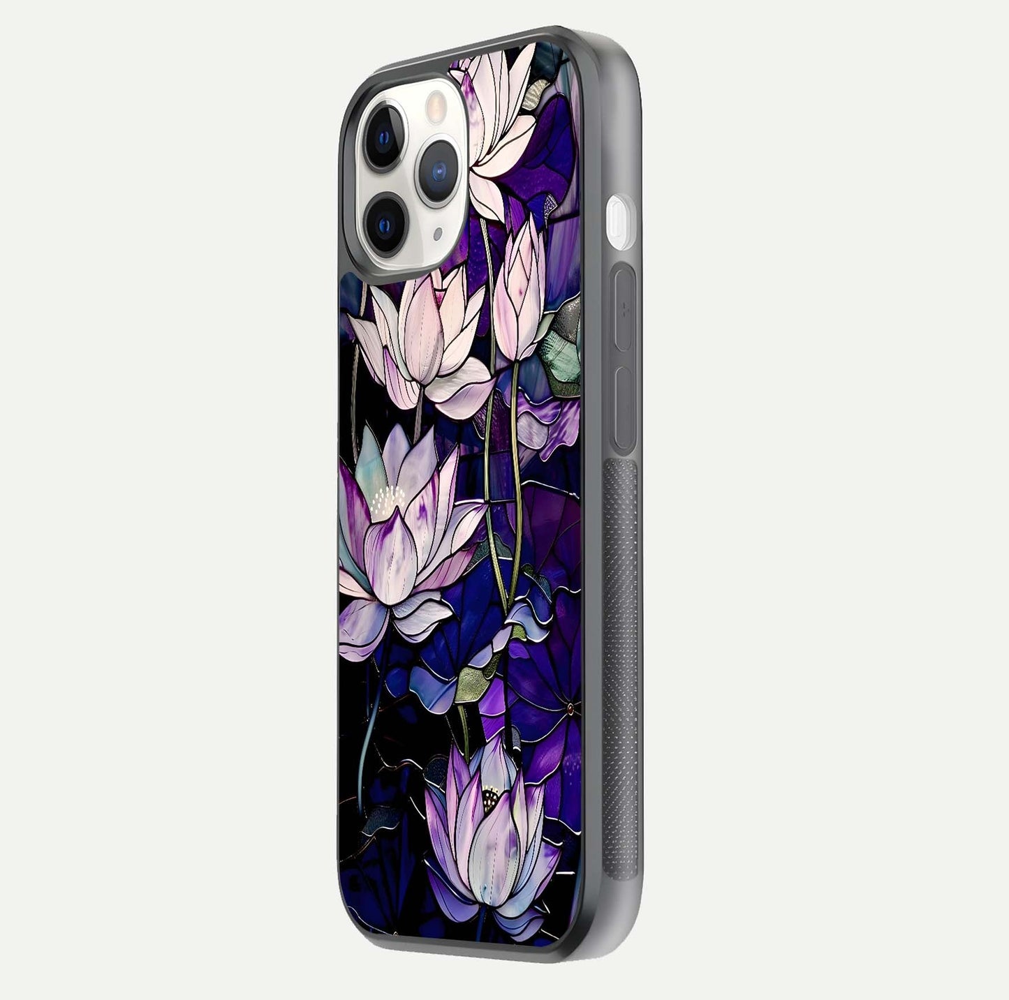 Purple Lotus Pattern Glass Case for iPhone 11 Pro side-angle image showing reflection depth and lotus detail