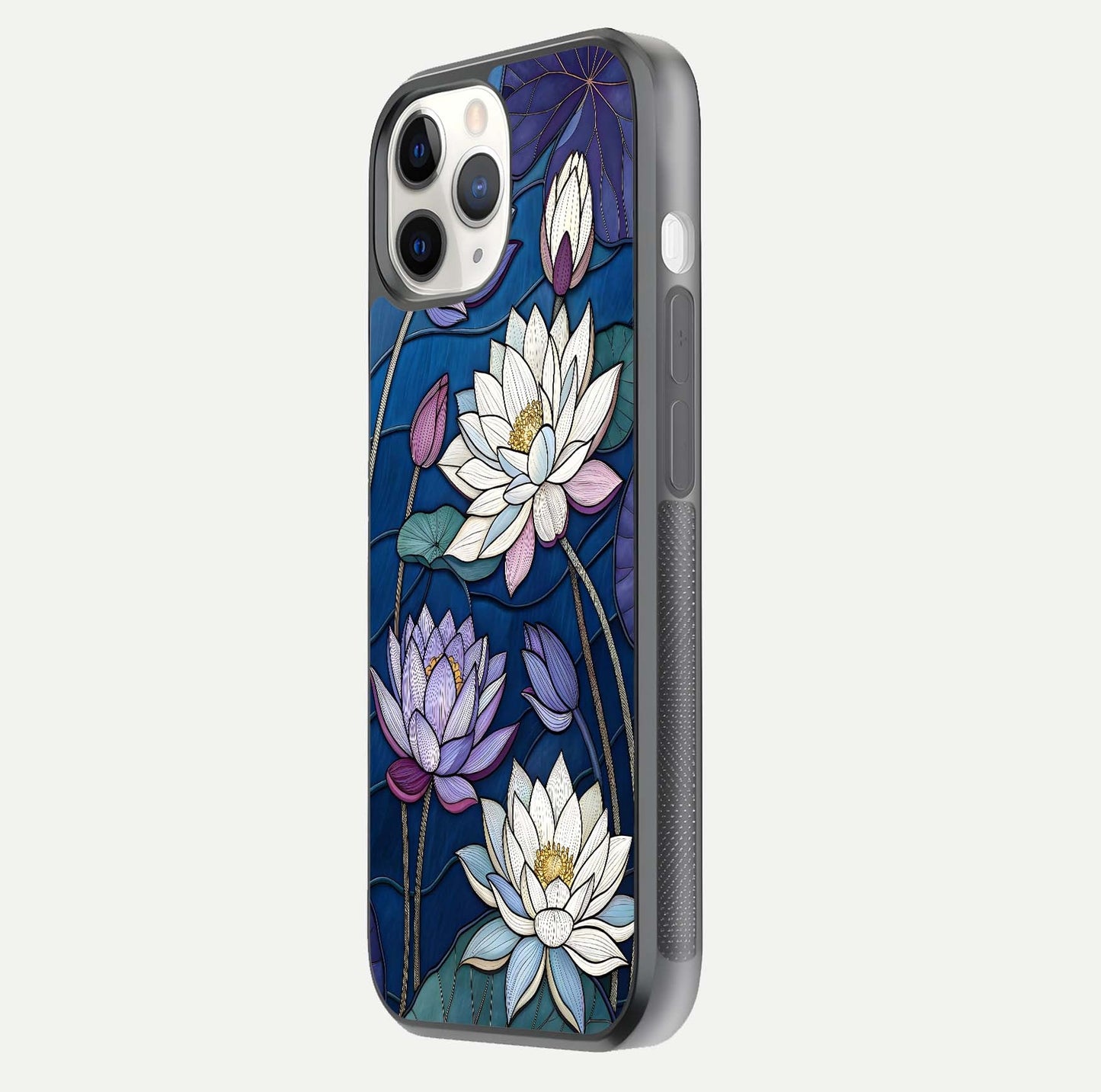 Purple Lotus Stained Glass Case for iPhone 11 Pro side-angle image showing gloss, reflection, and intricate detailing