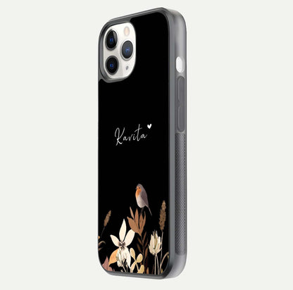 Quiet Garden Tune Custom Name Glass Case for iPhone 11 Pro side-angle image showing reflection and floral design