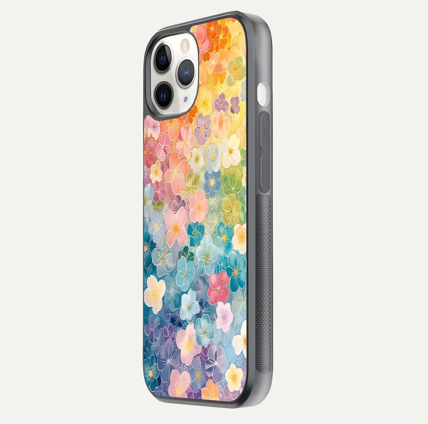 Rainbow Blossom Burst Glass Case for iPhone 11 Pro side-angle image showing reflection and floral burst detail