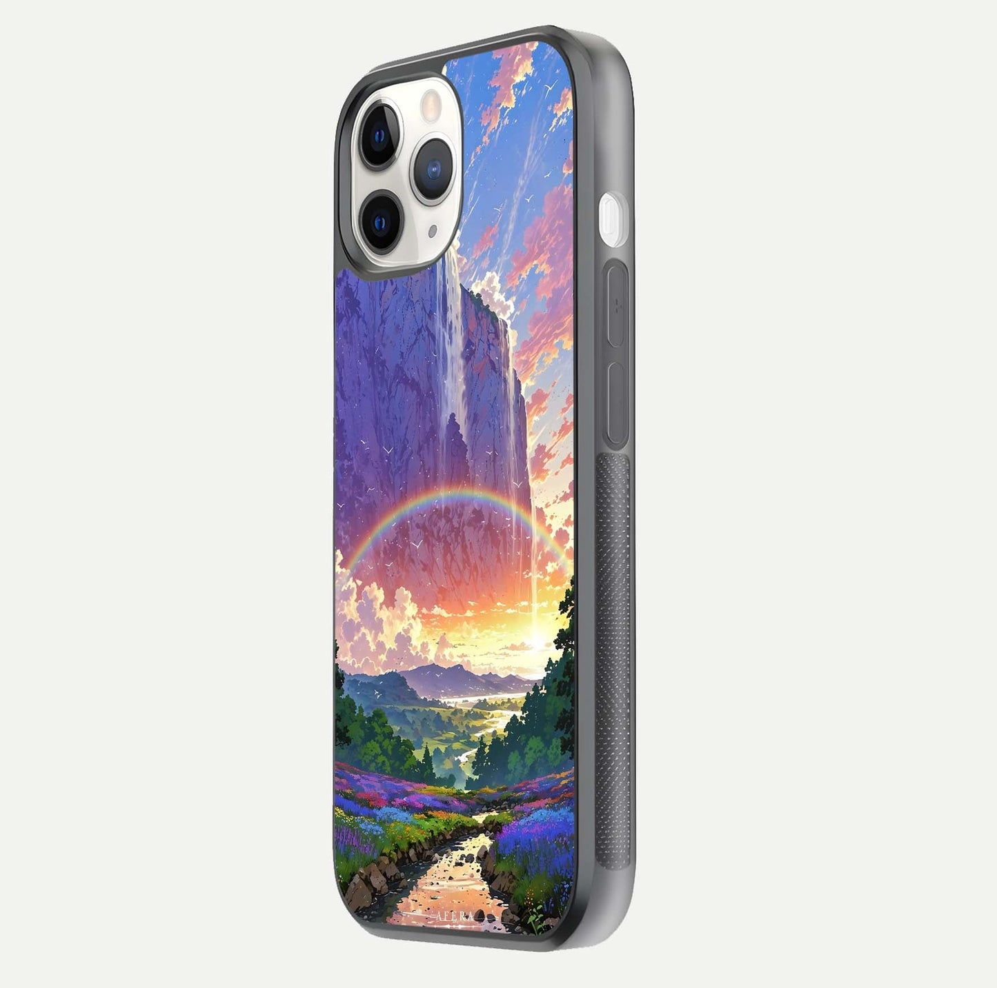 Rainbow Valley Dream Glass Case for iPhone 16 Pro side-angle image showing light reflection and scenic tones