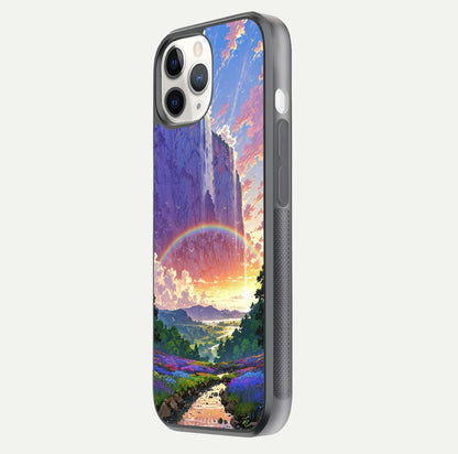 Rainbow Valley Dream Glass Case for iPhone 16 Pro side-angle image showing light reflection and scenic tones