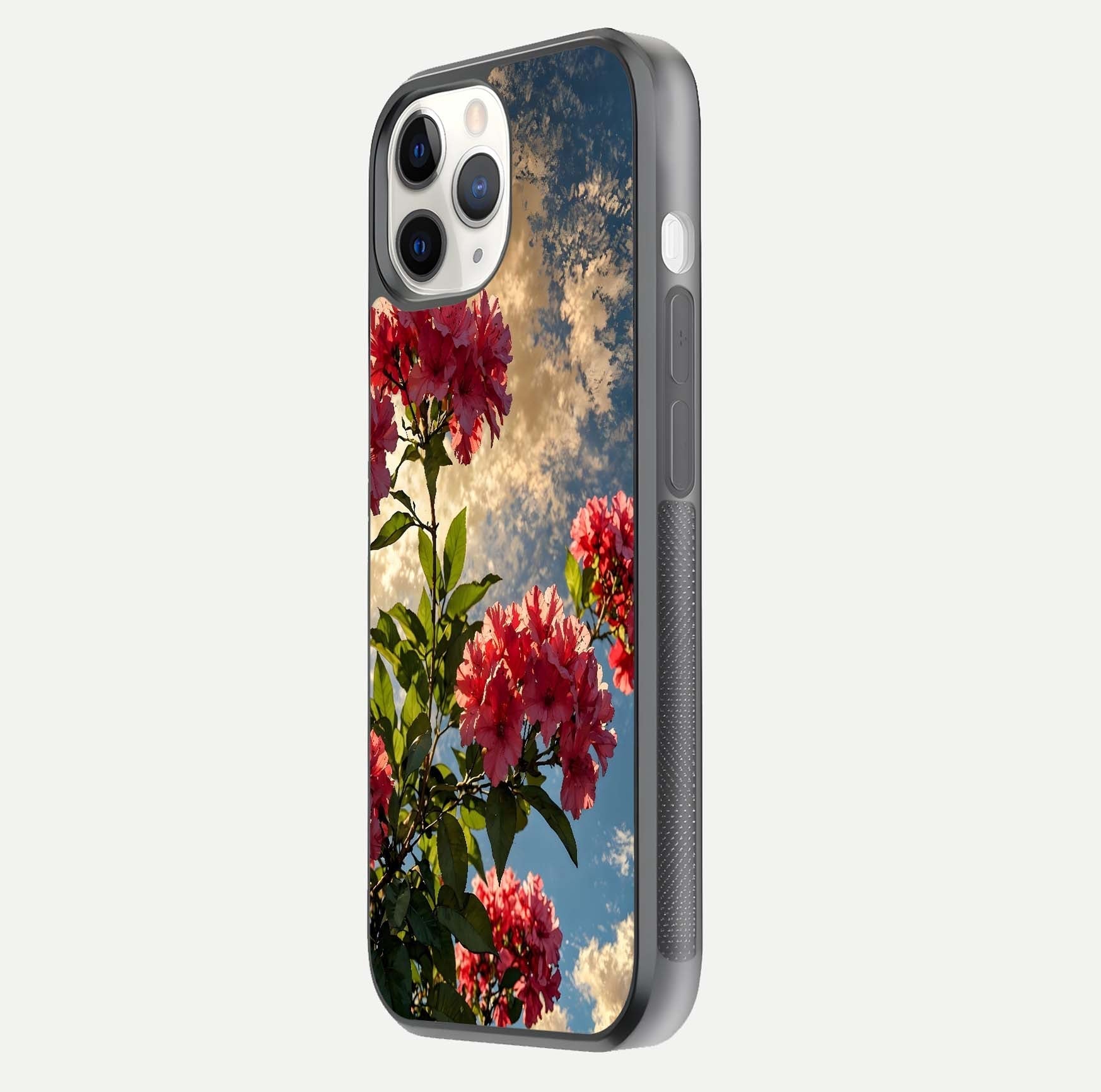 Red Bloom Skies Glass Case for iPhone 11 Pro side-angle image showing reflection, print clarity, and tone blend