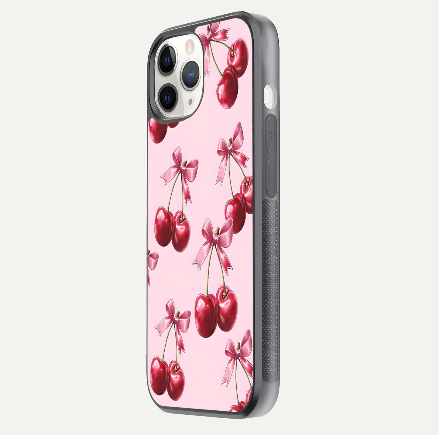 Red Cherries Pattern Glass Case for iPhone 11 Pro side-angle image showing gloss surface and cherry details