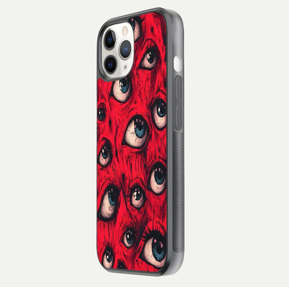 Red Eyes Pattern Glass Case for iPhone 11 Pro side-angle image showing shine, detail, and red tone clarity