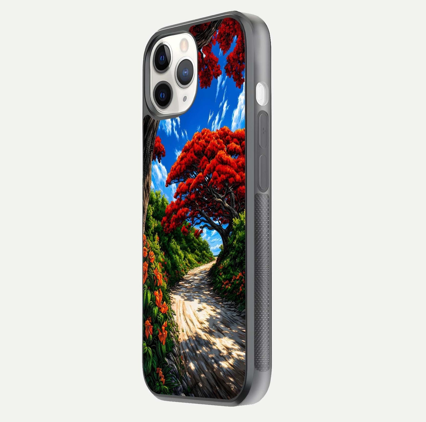 Red Trees Pathway Glass Case for iPhone 11 Pro side-angle image showing reflection and autumn vibe