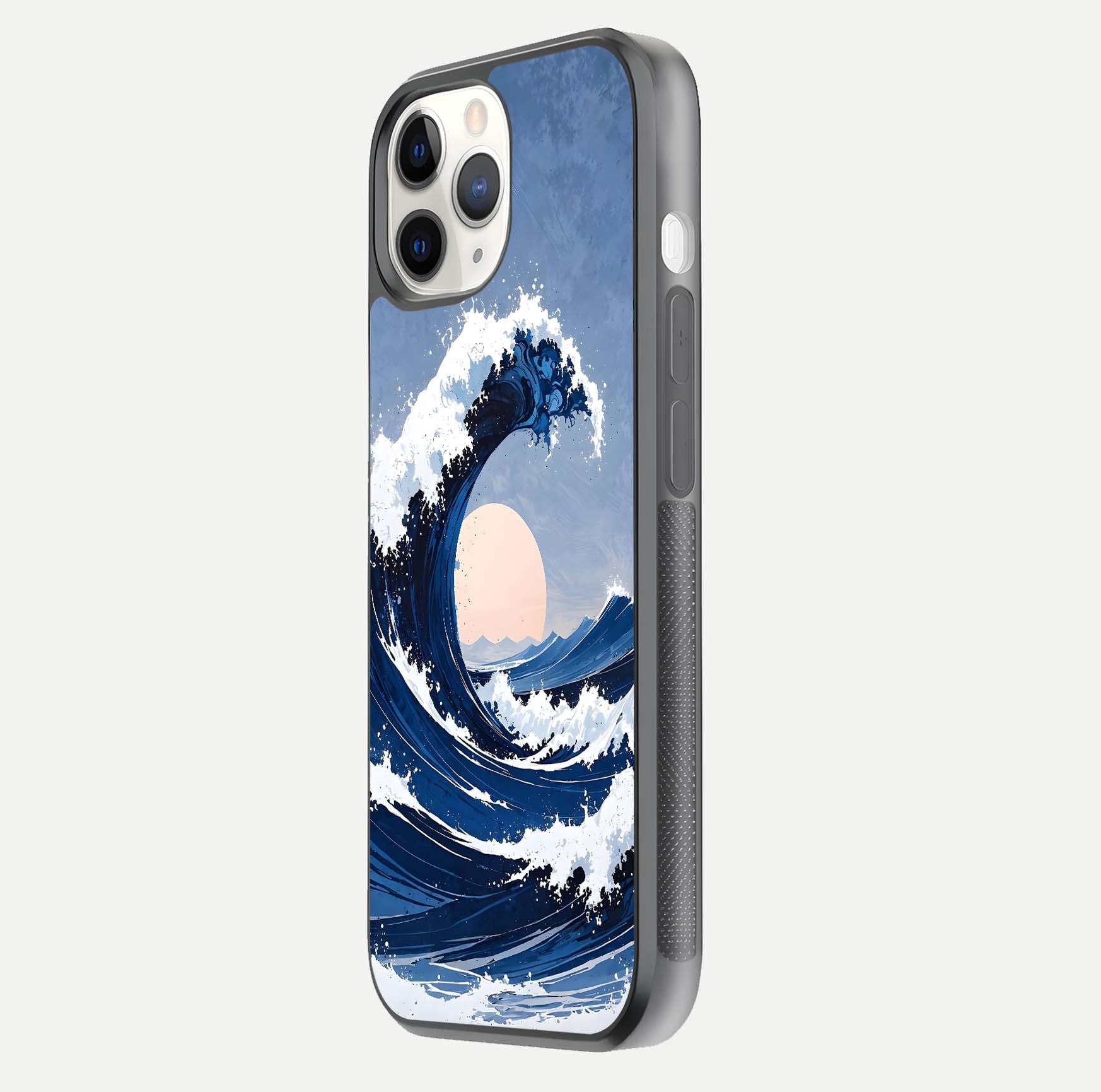 Rising Tide Power Glass Case for iPhone 11 Pro side-angle image showing shine and detailed ocean art