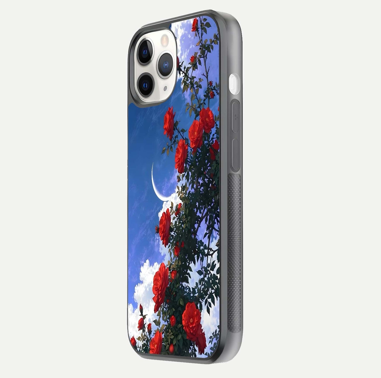 Rose Drift Flowers Glass Case for iPhone 11 Pro side-angle image showing reflection and petal detail