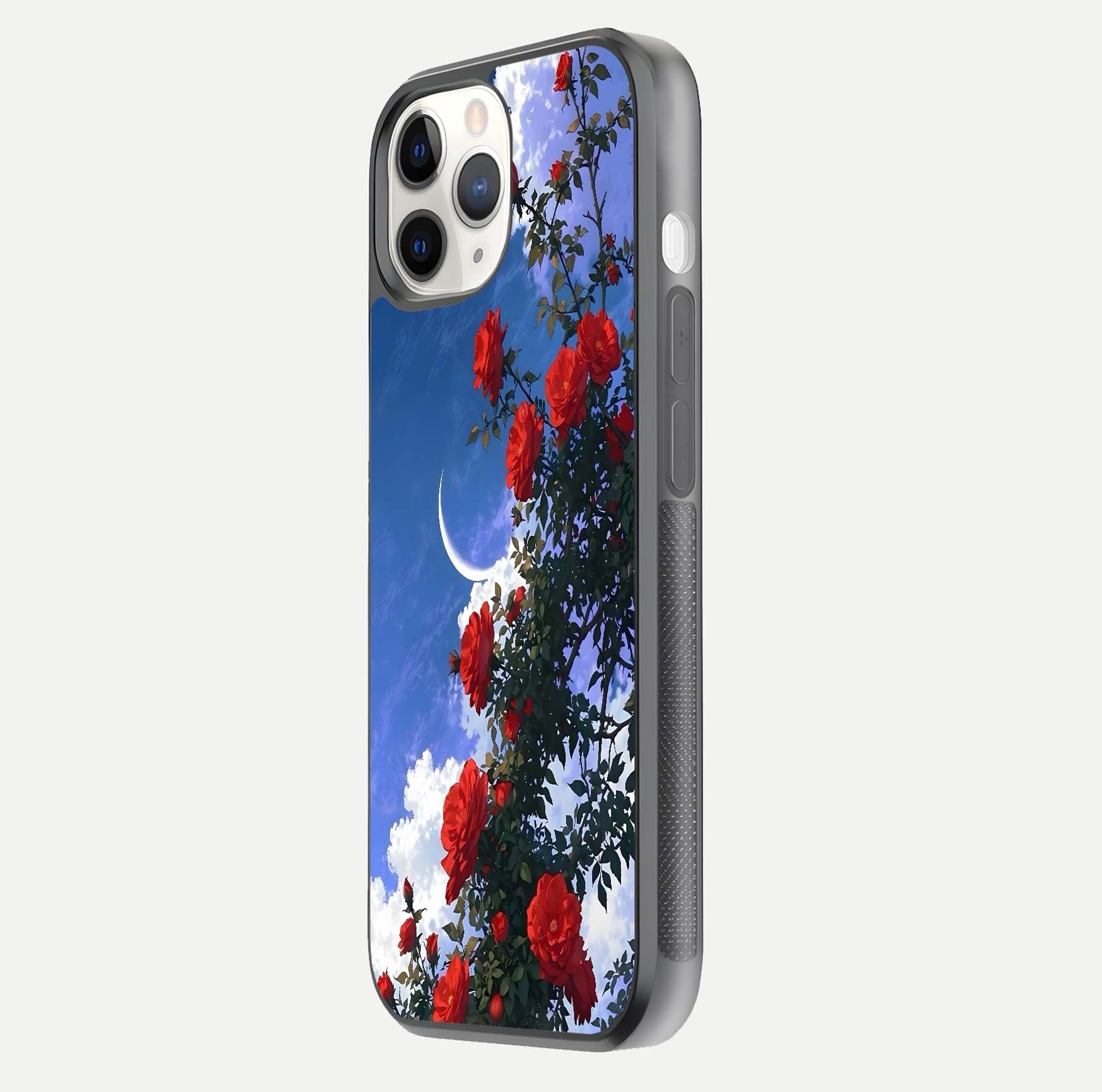 Rose Drift Flowers Glass Case for iPhone 11 Pro side-angle image showing reflection and petal detail