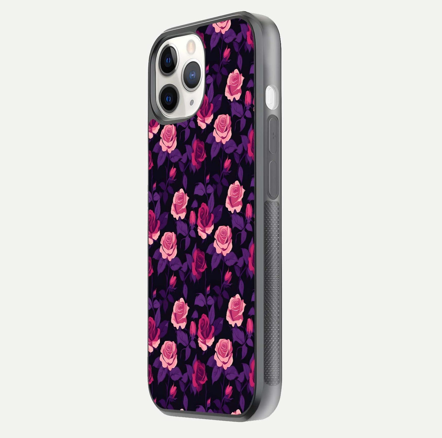 Rose Garden Twilight Glass Case for iPhone 11 Pro side-angle image showing reflection, gloss, and floral detail