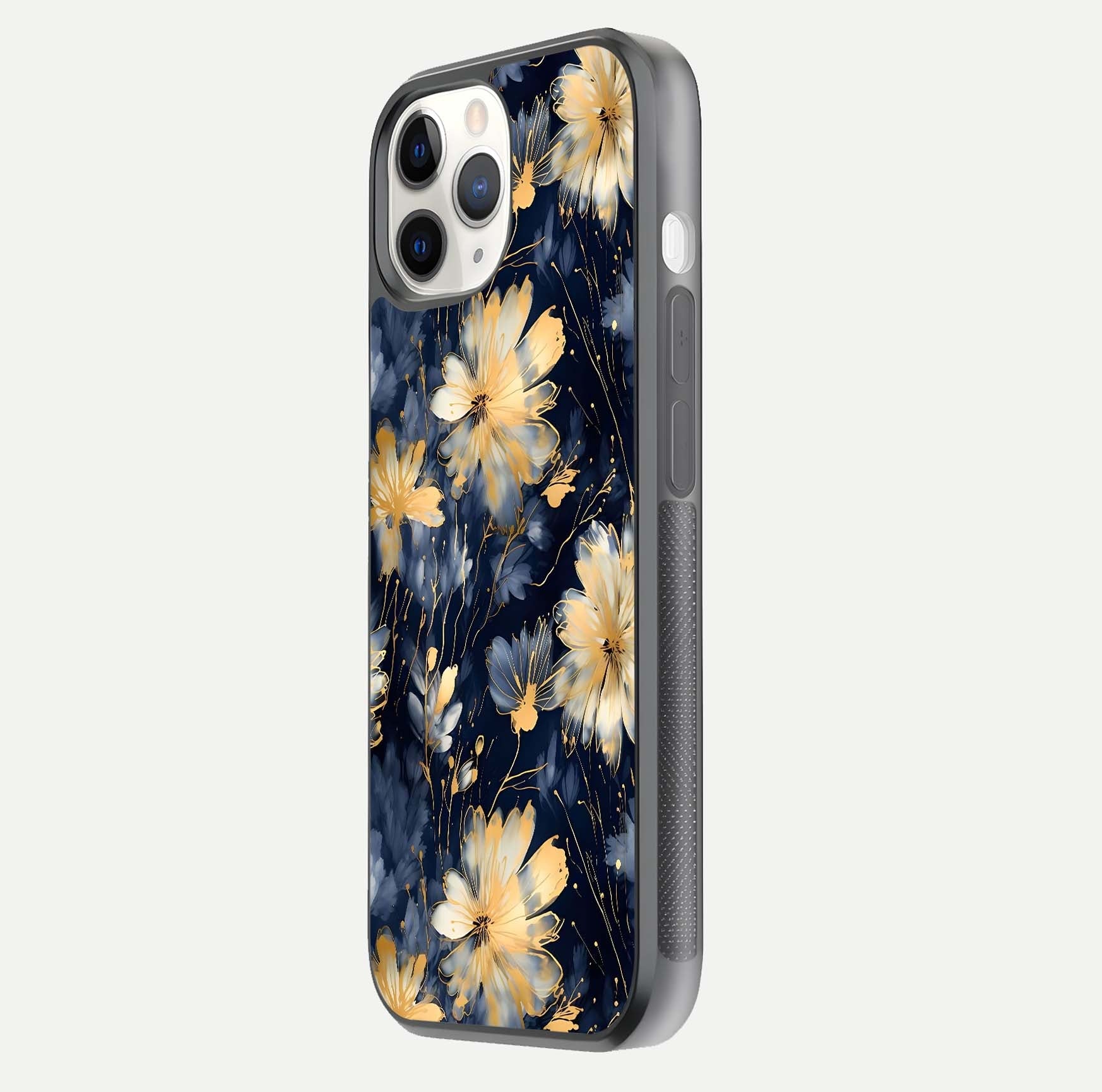 Royal Petal Dream Glass Case for iPhone 11 Pro side-angle image showing smooth edges and royal bloom details