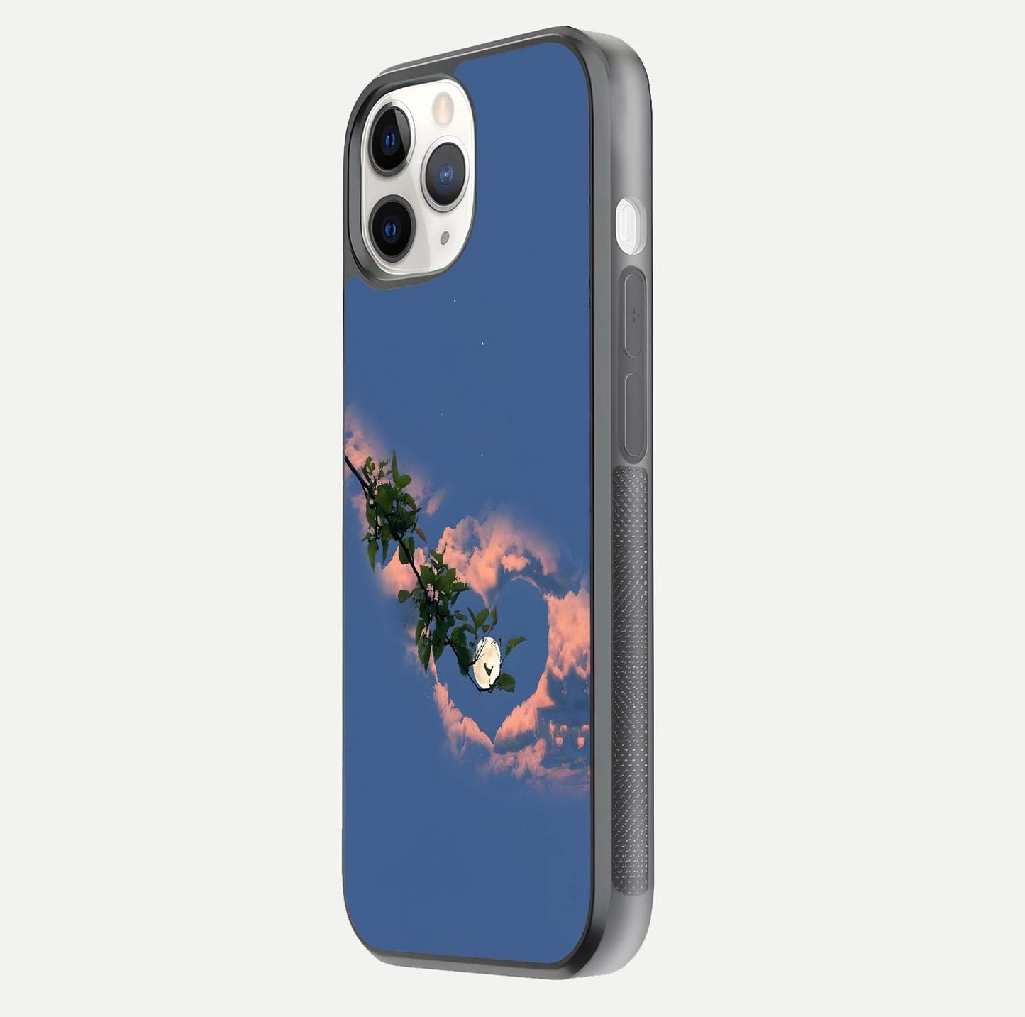 Sky Under Tree Glass Case for iPhone 11 Pro side-angle image showing shine, edge texture, and scenic detail
