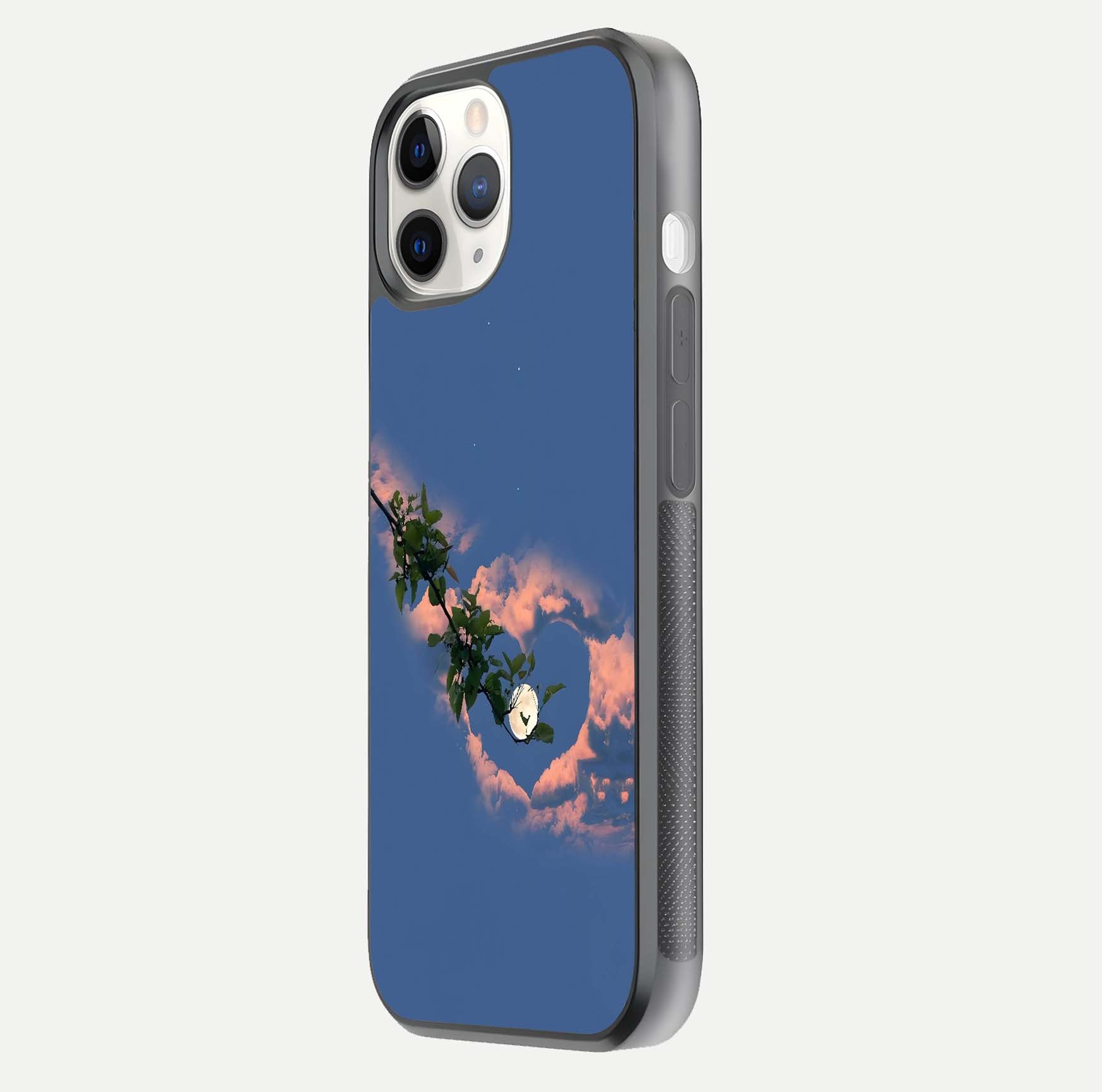 Sky Under Tree Glass Case for iPhone 11 Pro side-angle image showing shine, edge texture, and scenic detail