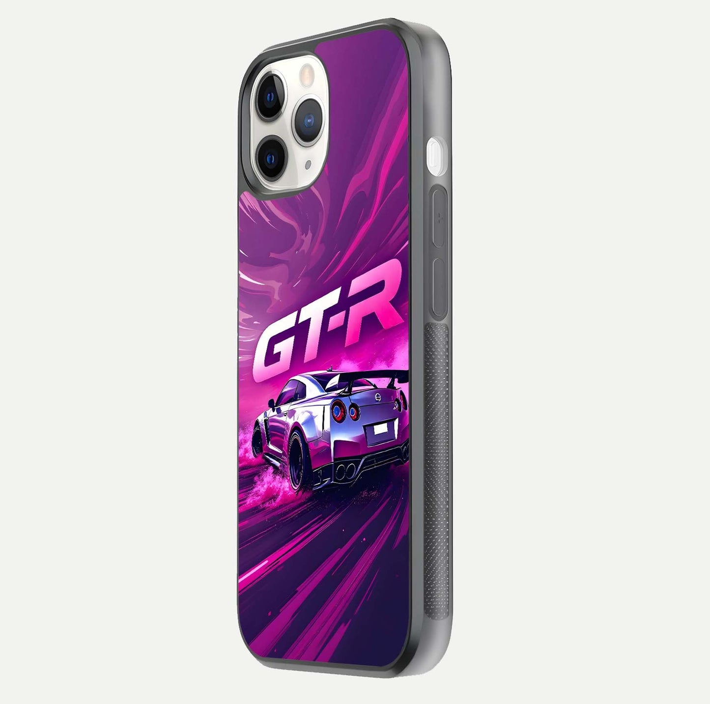 Speed Drift Legend Glass Case for iPhone 11 Pro side-angle image showing car print reflection and surface gloss