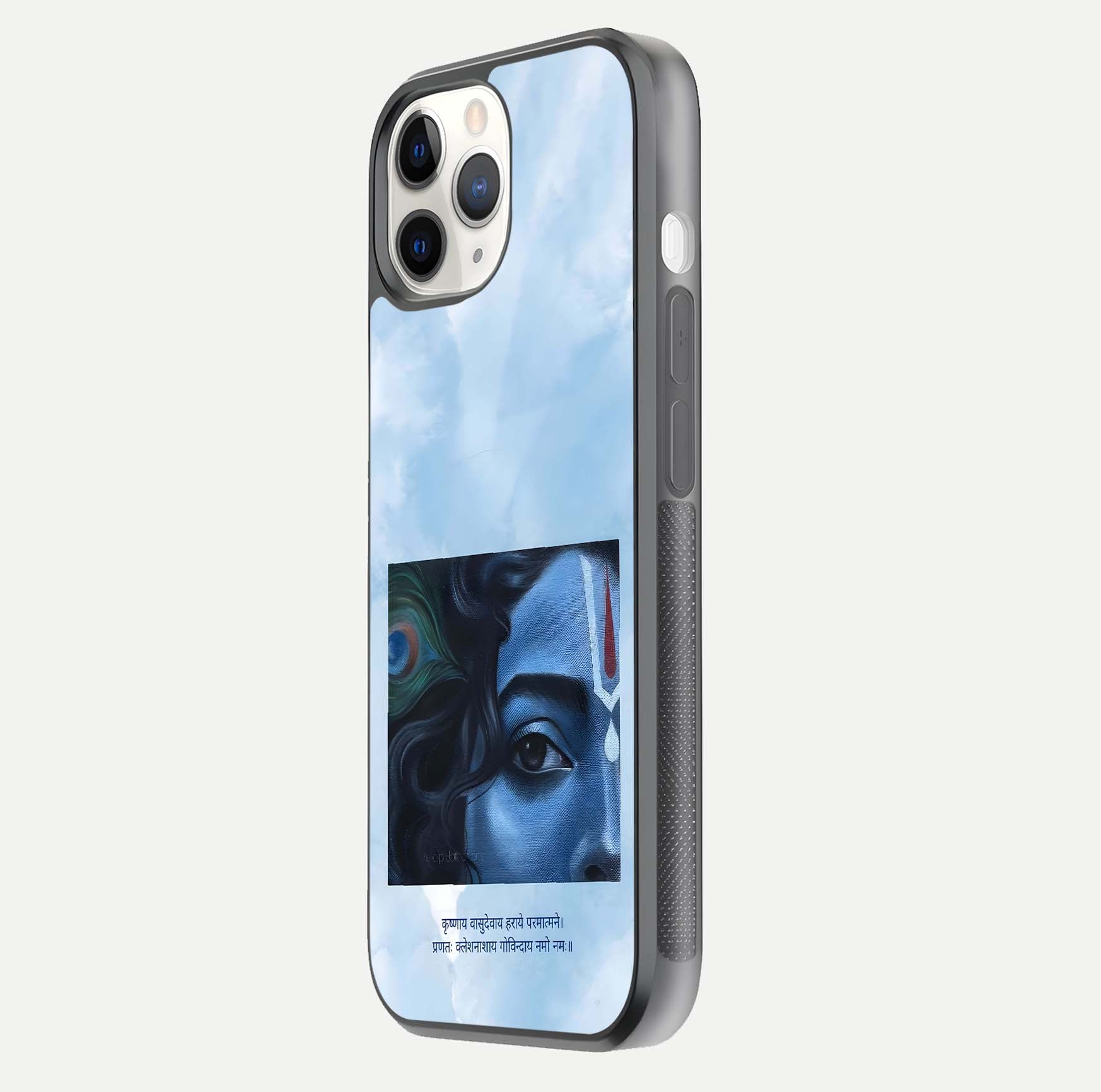 Spiritual Krishna Glass Case for iPhone 16 Pro side-angle image showing reflection and vivid artwork clarity