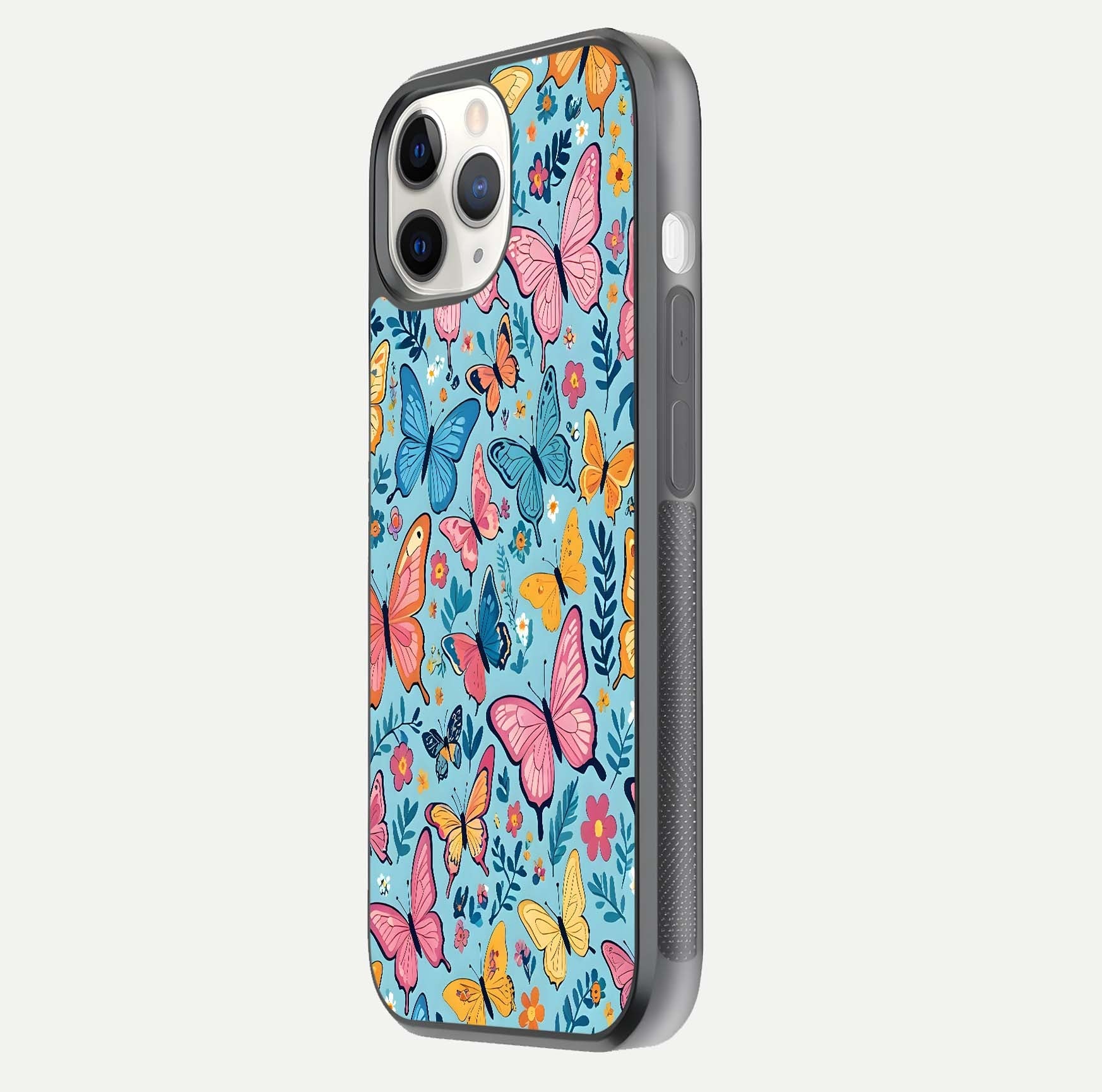 Spring Wing Garden Glass Case for iPhone 11 Pro side-angle image showing shine, color, and pattern depth