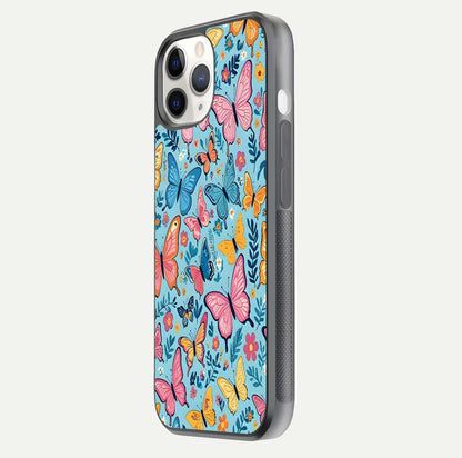 Spring Wing Garden Glass Case for iPhone 11 Pro side-angle image showing shine, color, and pattern depth