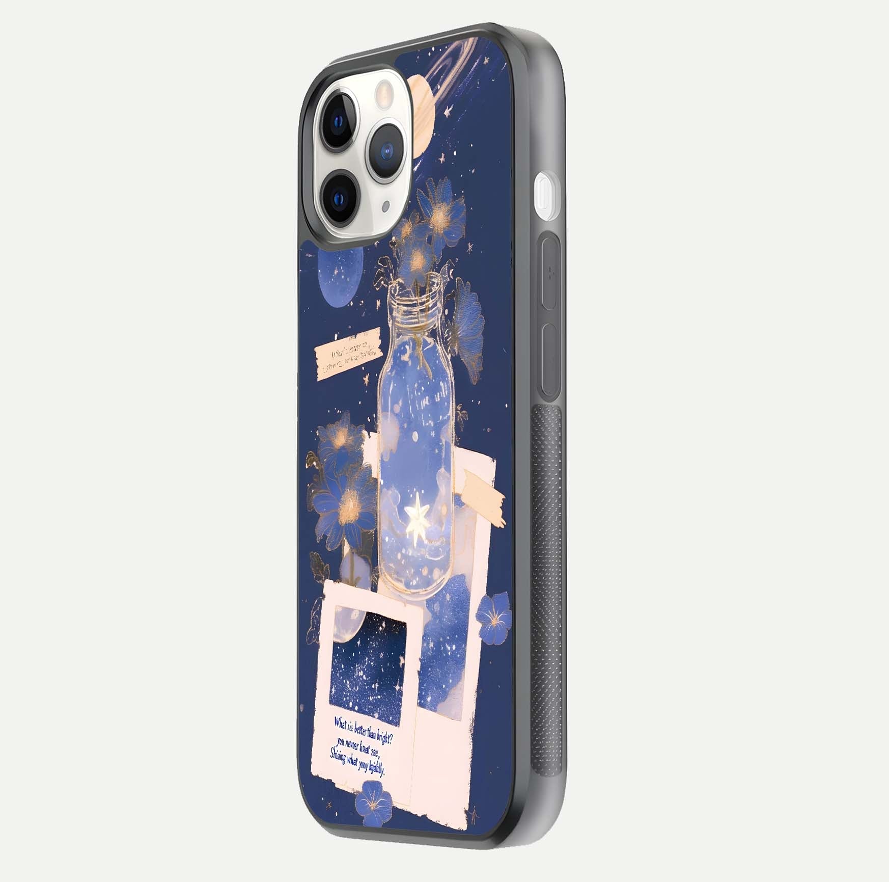 Starlit Cosmic Jar Glass Case for iPhone 11 Pro side-angle image showing glow, texture, and light reflection