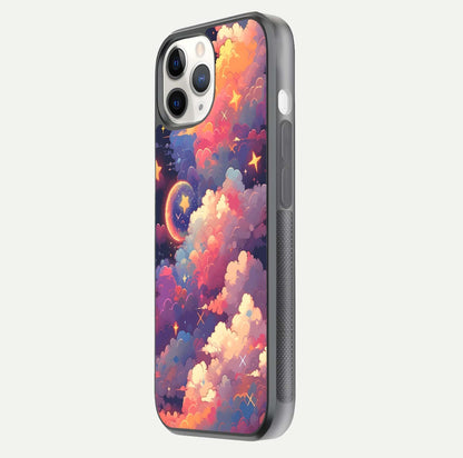 Starlit Dream Clouds Glass Case for iPhone 11 Pro side-angle image showing shine, reflection, and dreamy tones