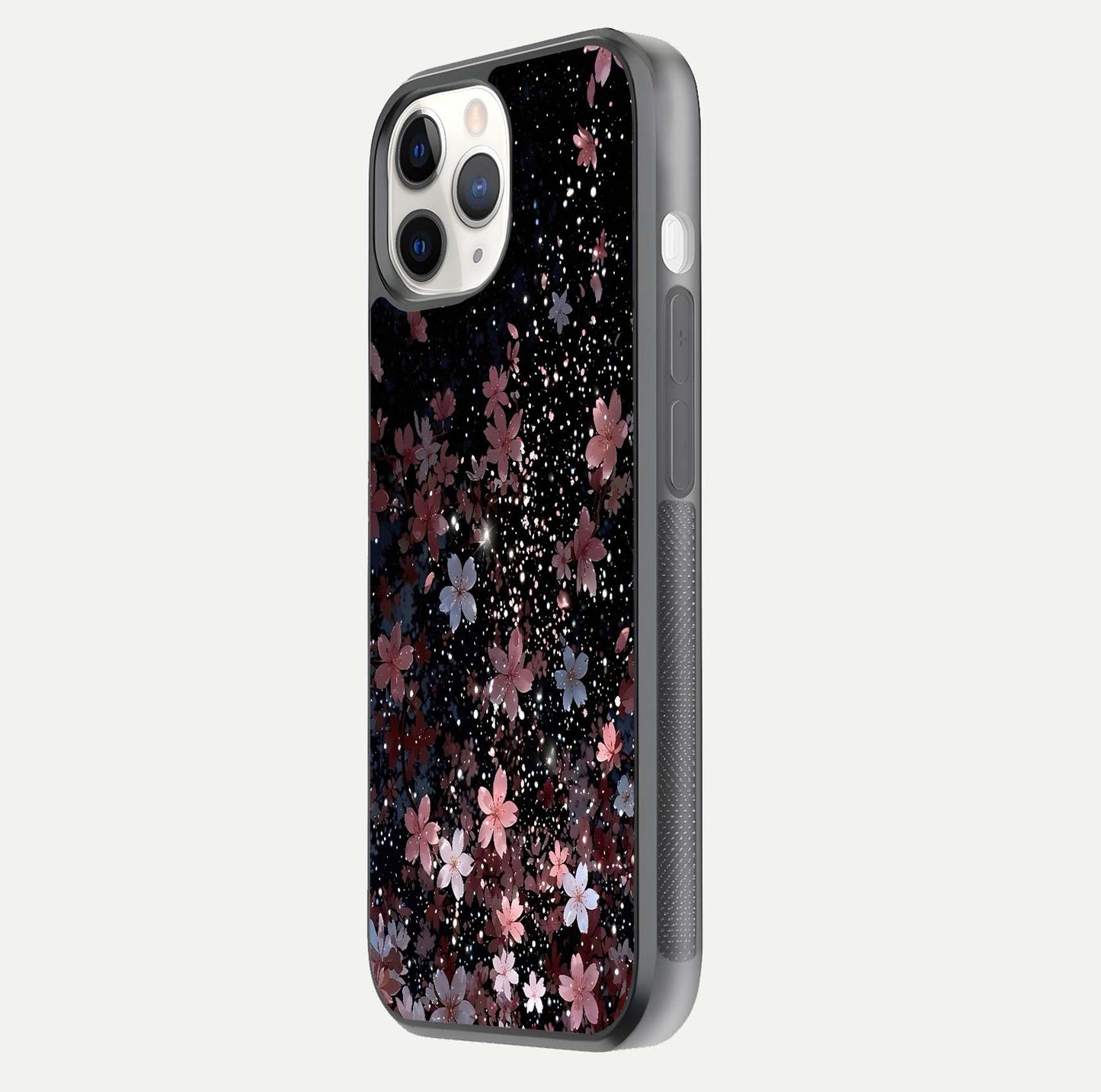 Starlit Flower Dreams Glass Case for iPhone 11 Pro side-angle image showing shine, edge detail, and floral contrast