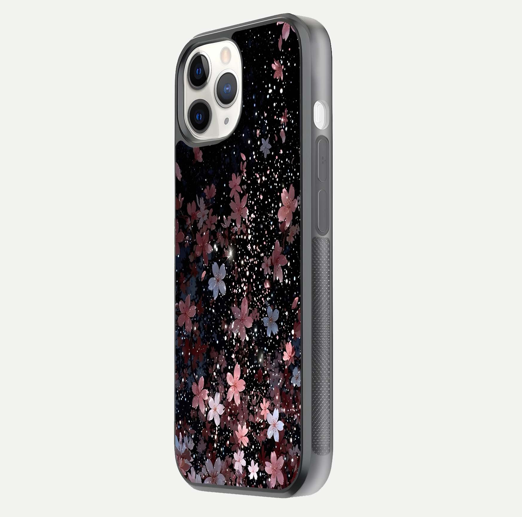 Starlit Flower Dreams Glass Case for iPhone 11 Pro side-angle image showing shine, edge detail, and floral contrast