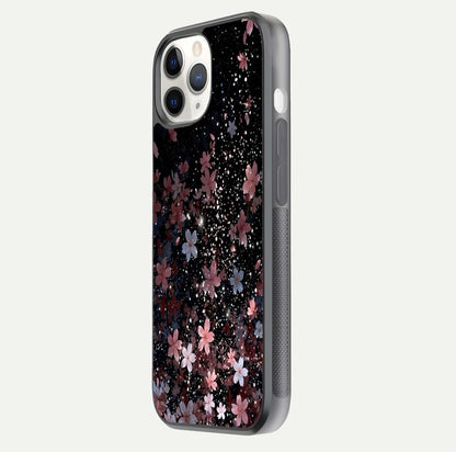 Starlit Flower Dreams Glass Case for iPhone 11 Pro side-angle image showing shine, edge detail, and floral contrast