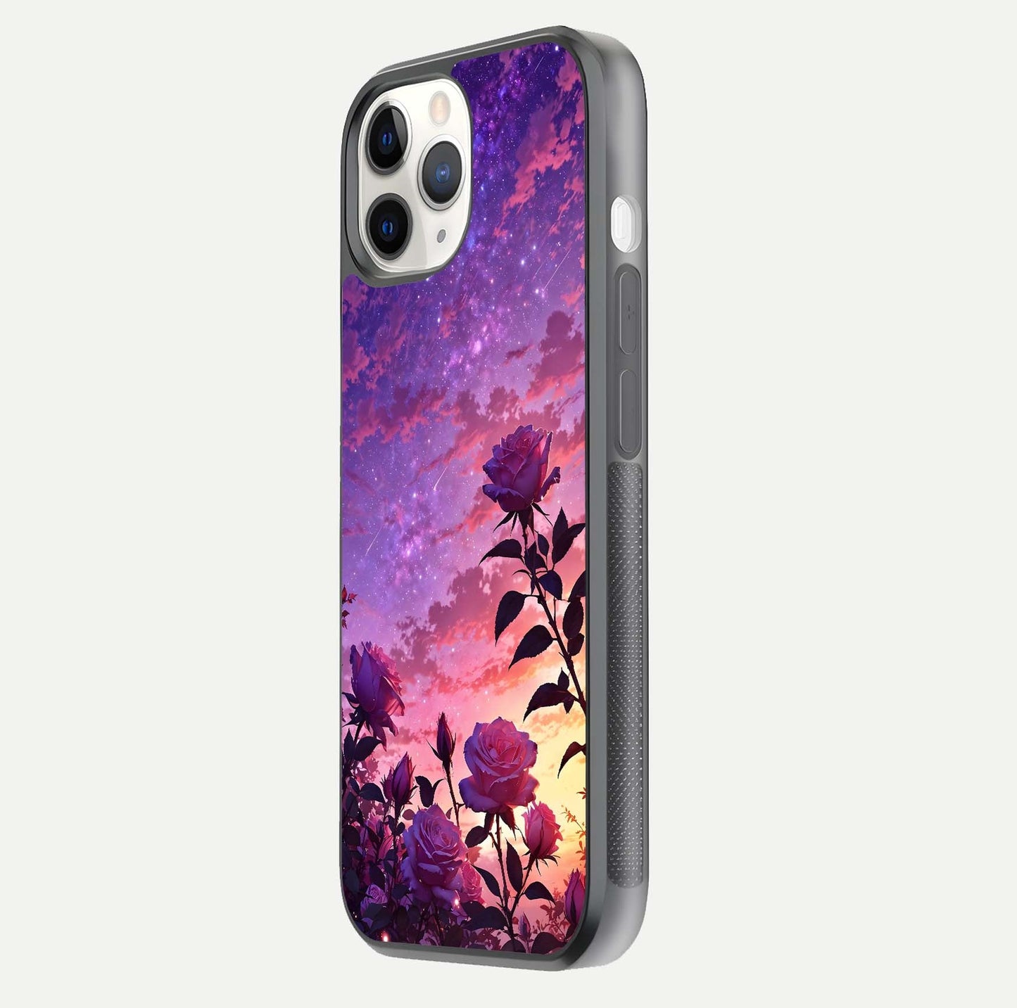 Starlit Rose Twilight Glass Case for iPhone 11 Pro side-angle image showing reflection and petal contrast