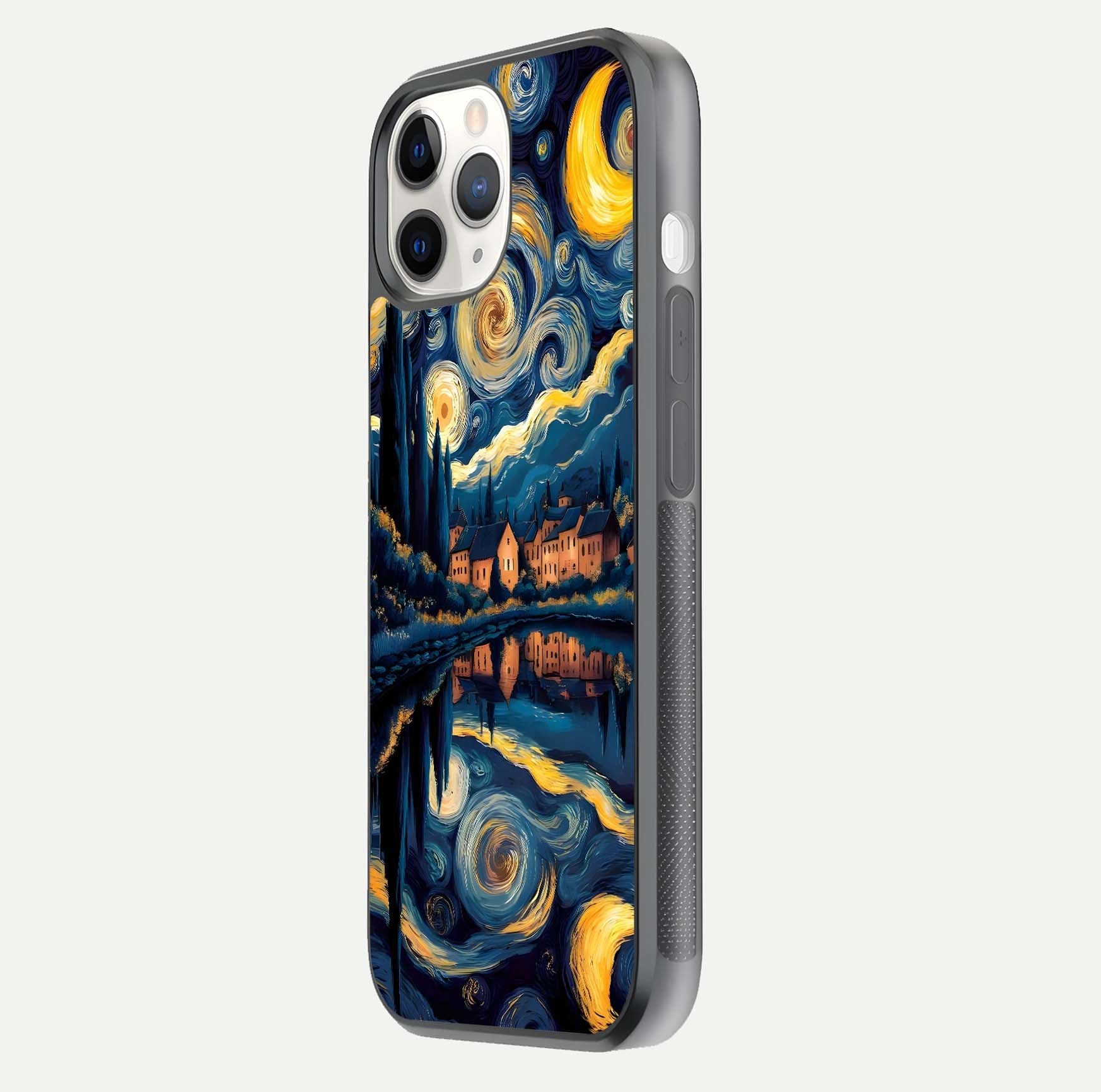 Starry Sky Serenity Glass Case for iPhone 11 Pro side-angle image showing reflection and night-sky detail
