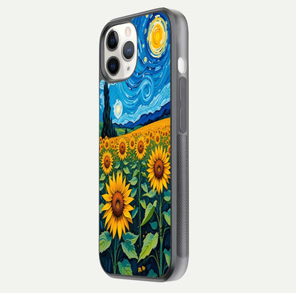 Starry Sunflower Dreams Glass Case for iPhone 11 Pro side-angle image showing reflection, stars, and yellow tone