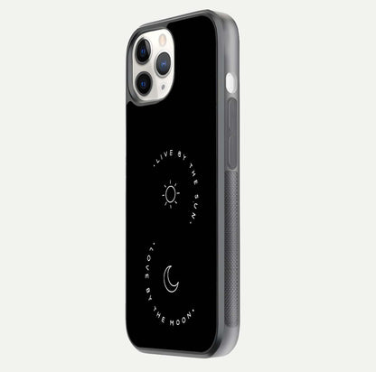 Sun Moon Balance Glass Case for iPhone 11 Pro side-angle image showing reflection and celestial detailing
