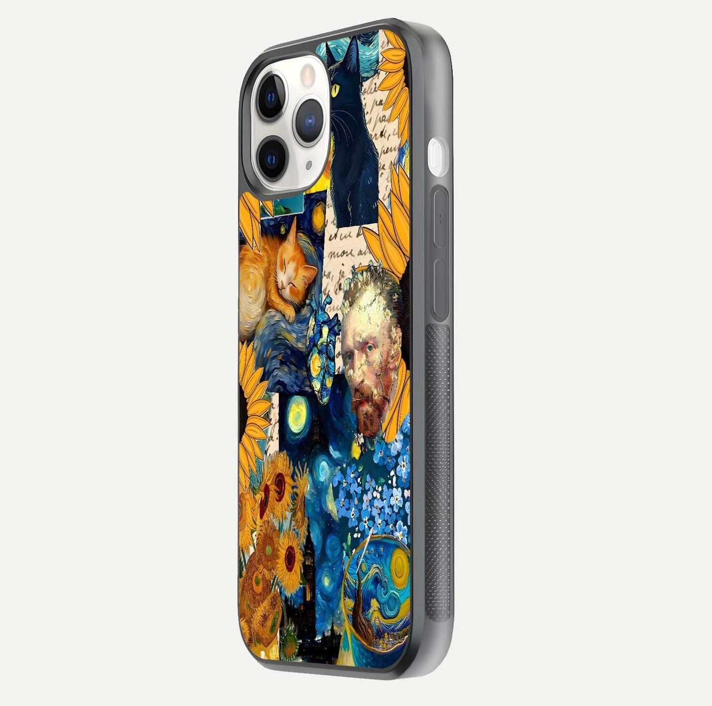 Sunflower Cat Art Glass Case for iPhone 11 Pro side-angle image showing shine, edges, and sunflower texture