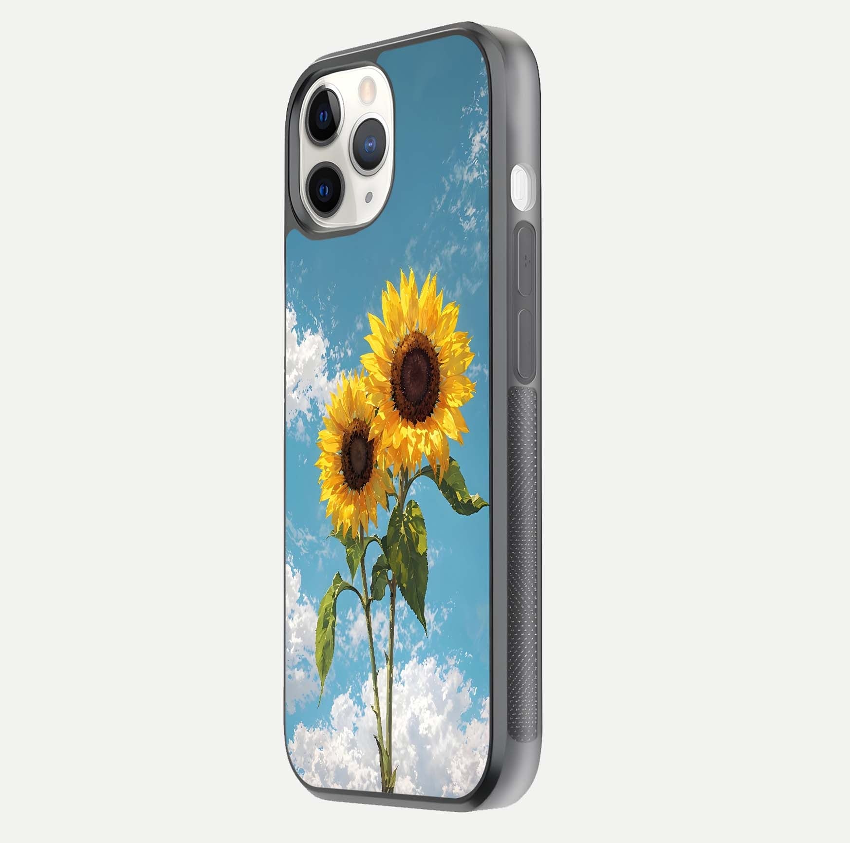Sunflower Sky Bloom Glass Case for iPhone 11 Pro side-angle image showing reflection, edges, and sunflower color