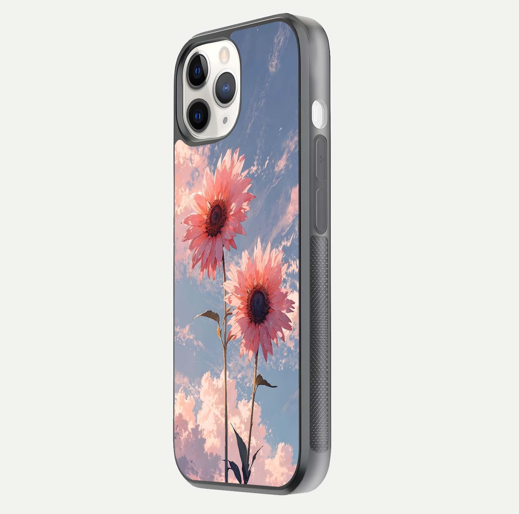 Sunlit Daisy Glow Glass Case for iPhone 11 Pro side-angle image showing shine, gloss, and floral highlight