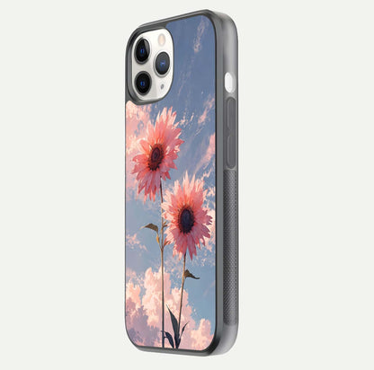 Sunlit Daisy Glow Glass Case for iPhone 11 Pro side-angle image showing shine, gloss, and floral highlight