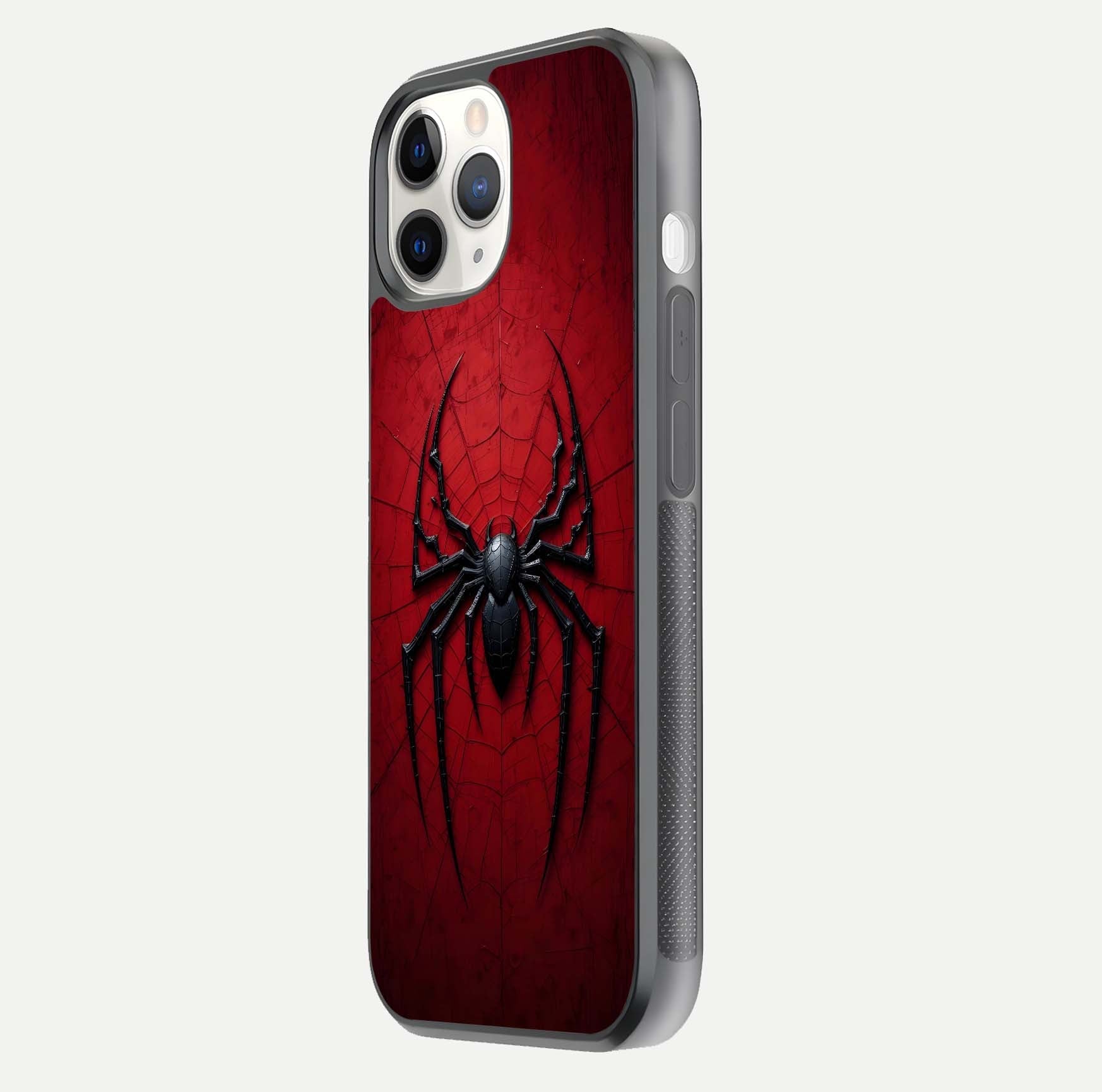 Venom Web Emblem Glass Case for iPhone 11 Pro side-angle image showing reflection and dark color tones