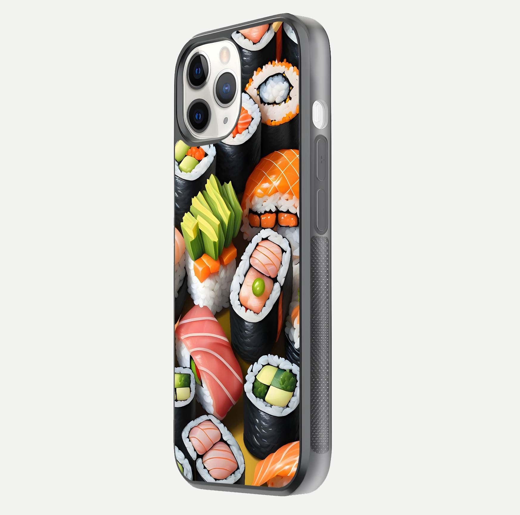 Sushi Food Pattern Glass Case for iPhone 11 Pro side-angle image showing shine, gloss, and sushi artwork