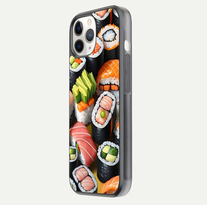 Sushi Food Pattern Glass Case for iPhone 11 Pro side-angle image showing shine, gloss, and sushi artwork