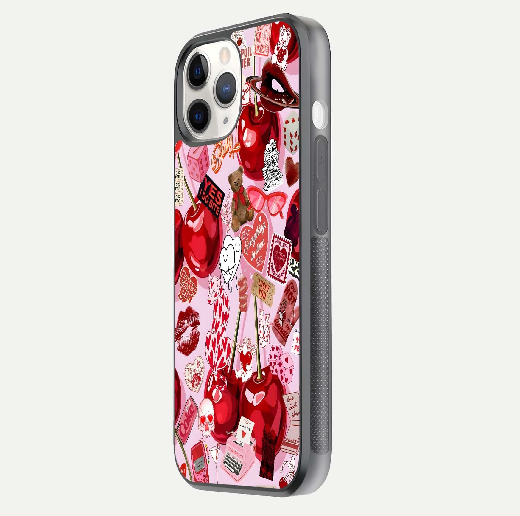 Sweet Cherry Chaos Glass Case for iPhone 11 Pro side-angle image showing shine, gloss, and cherry details
