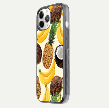 Tropical Fruit Mood Glass Case for iPhone 11 Pro side-angle image showing reflection, gloss, and fruit details