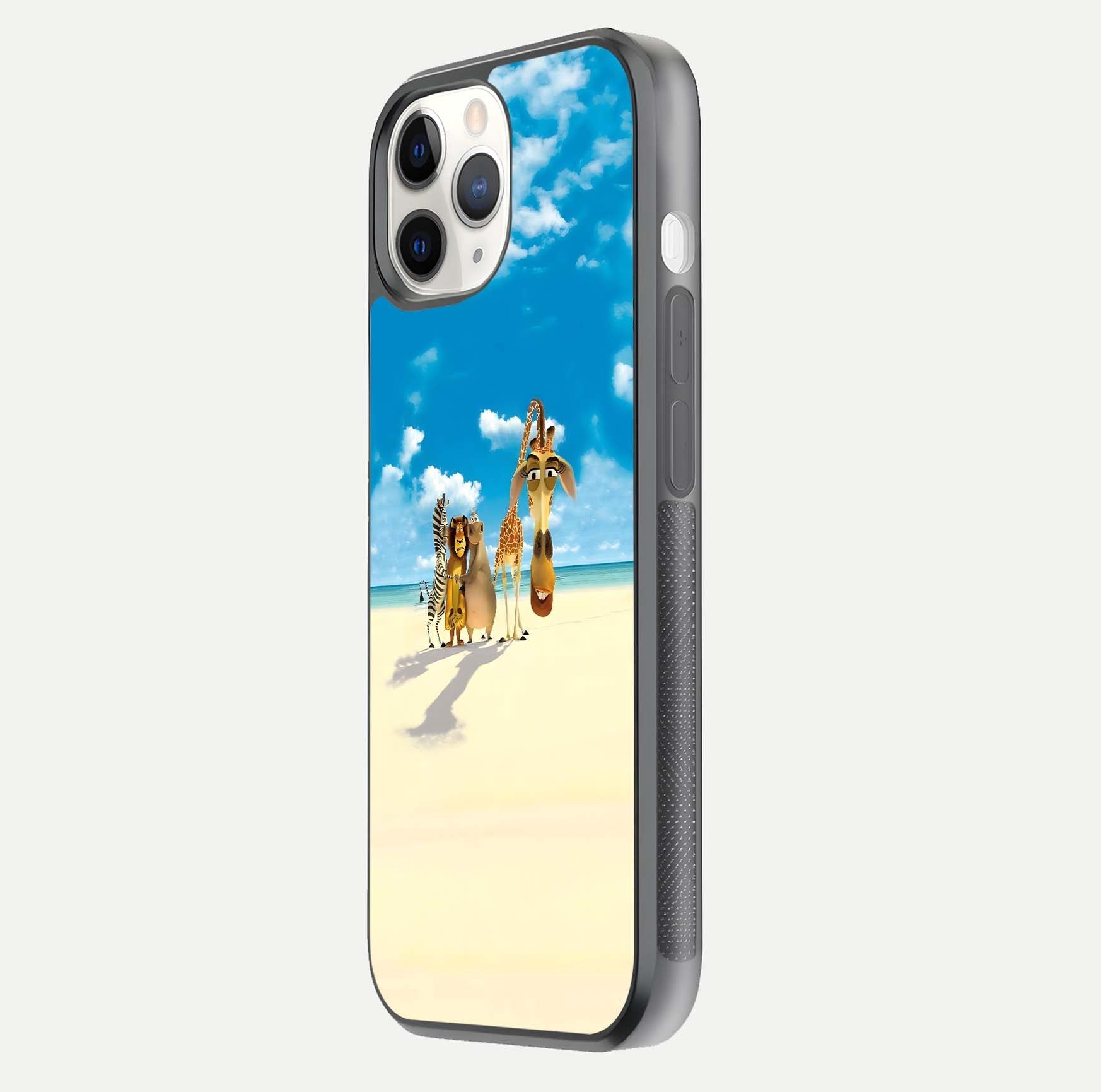 Tropical Fun Squad Glass Case for iPhone 11 Pro side-angle image showing shine, color depth, and surface gloss