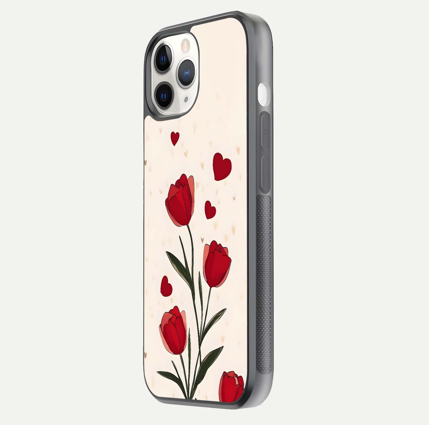 Tulip With Heart Glass Case for iPhone 11 Pro side-angle image showing floral reflection and subtle gradient