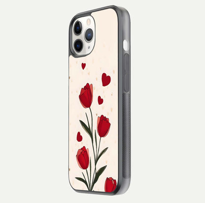 Tulip With Heart Glass Case for iPhone 11 Pro side-angle image showing floral reflection and subtle gradient