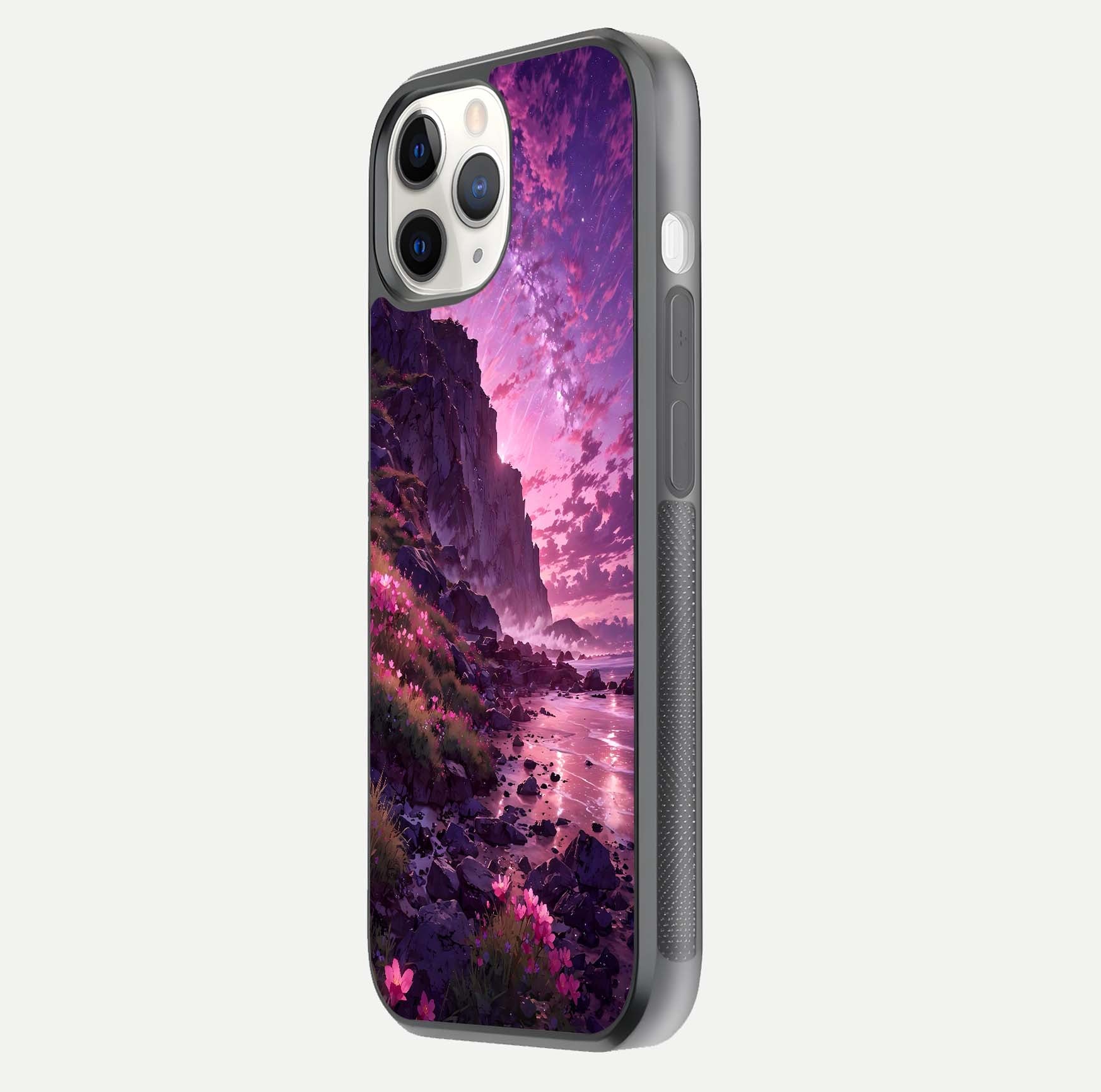 Twilight Blossom Coast Glass Case for iPhone 11 Pro side-angle image showing shine, reflection, and petal tone