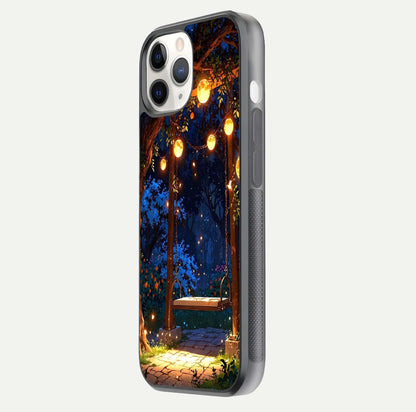 Twilight Garden Swing Glass Case for iPhone 11 Pro side-angle image showing reflection, gloss, and scenic depth