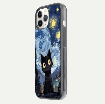 Van Gogh Cat Glass Case for iPhone 11 Pro side-angle image showing light reflection and vivid artwork