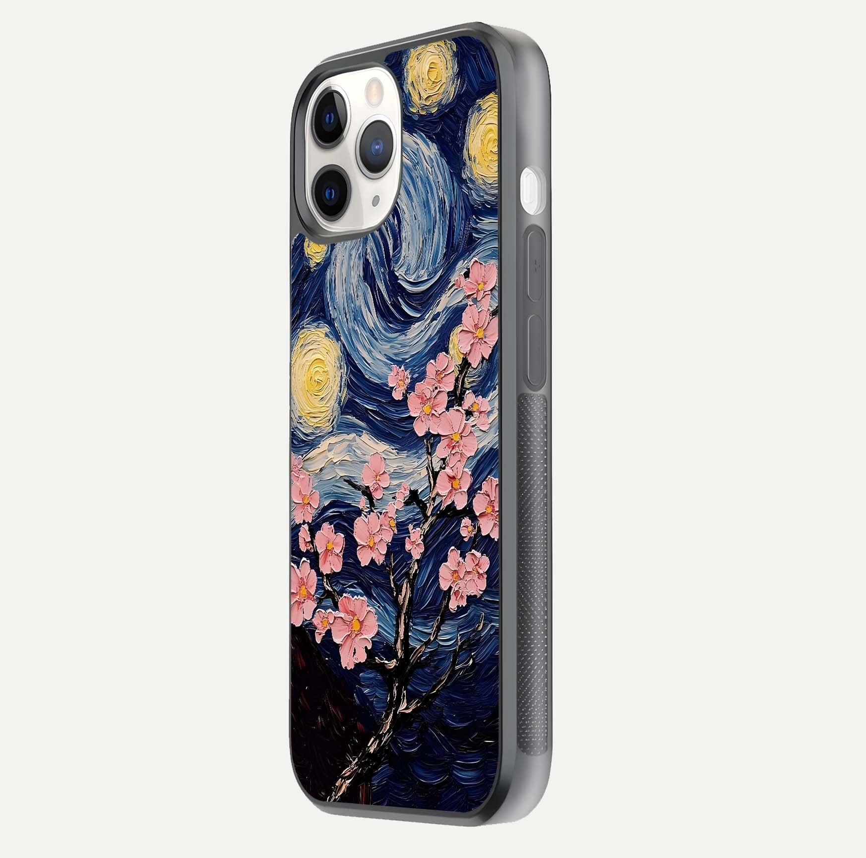 Van Gogh Scenery Glass Case for iPhone 11 Pro side-angle image showing shine, gloss, and scenic color palette