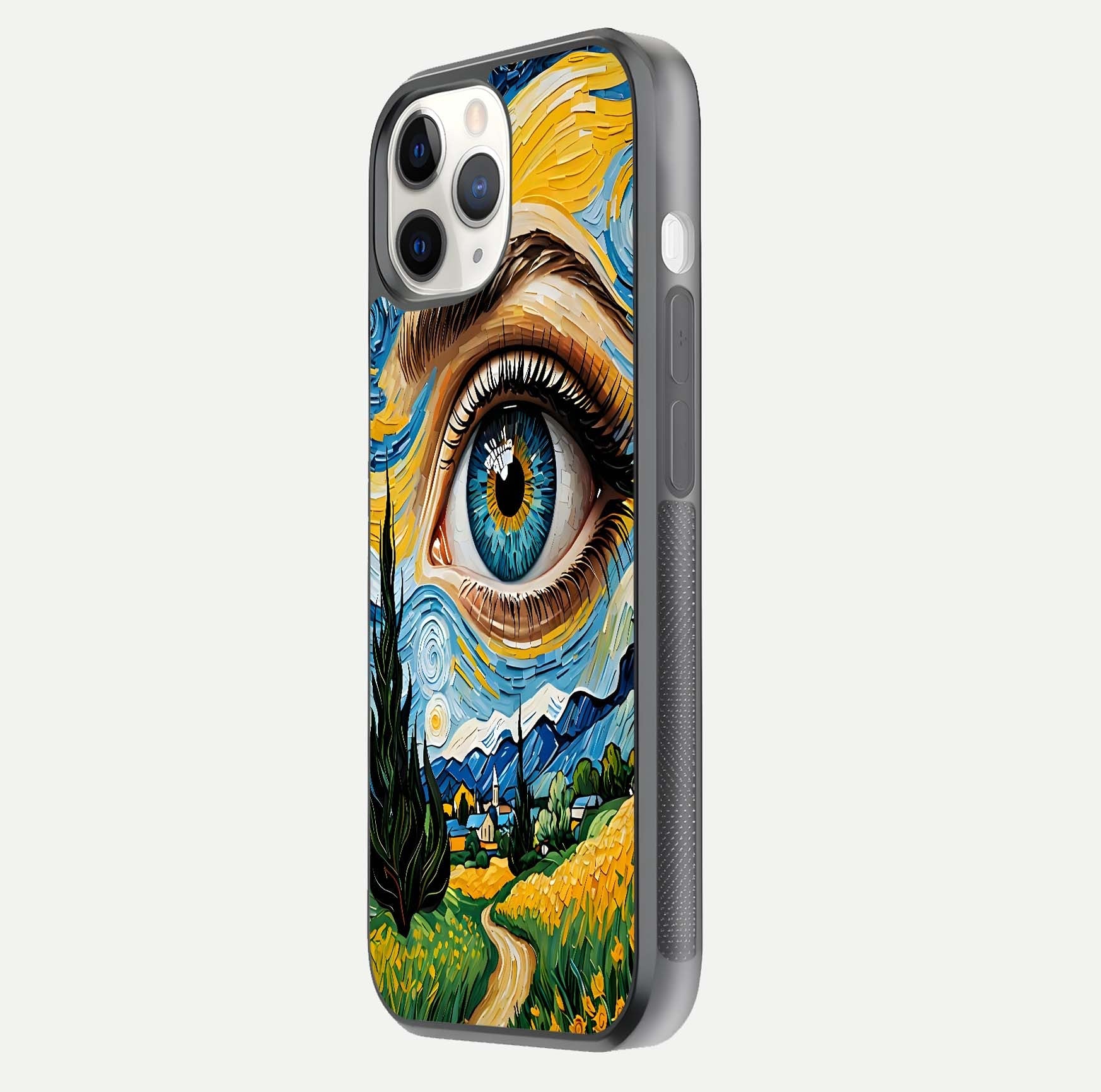 Van Gogh Eye Glass Case for iPhone 16 Pro side-angle image showing reflection, gloss, and artistic contrast