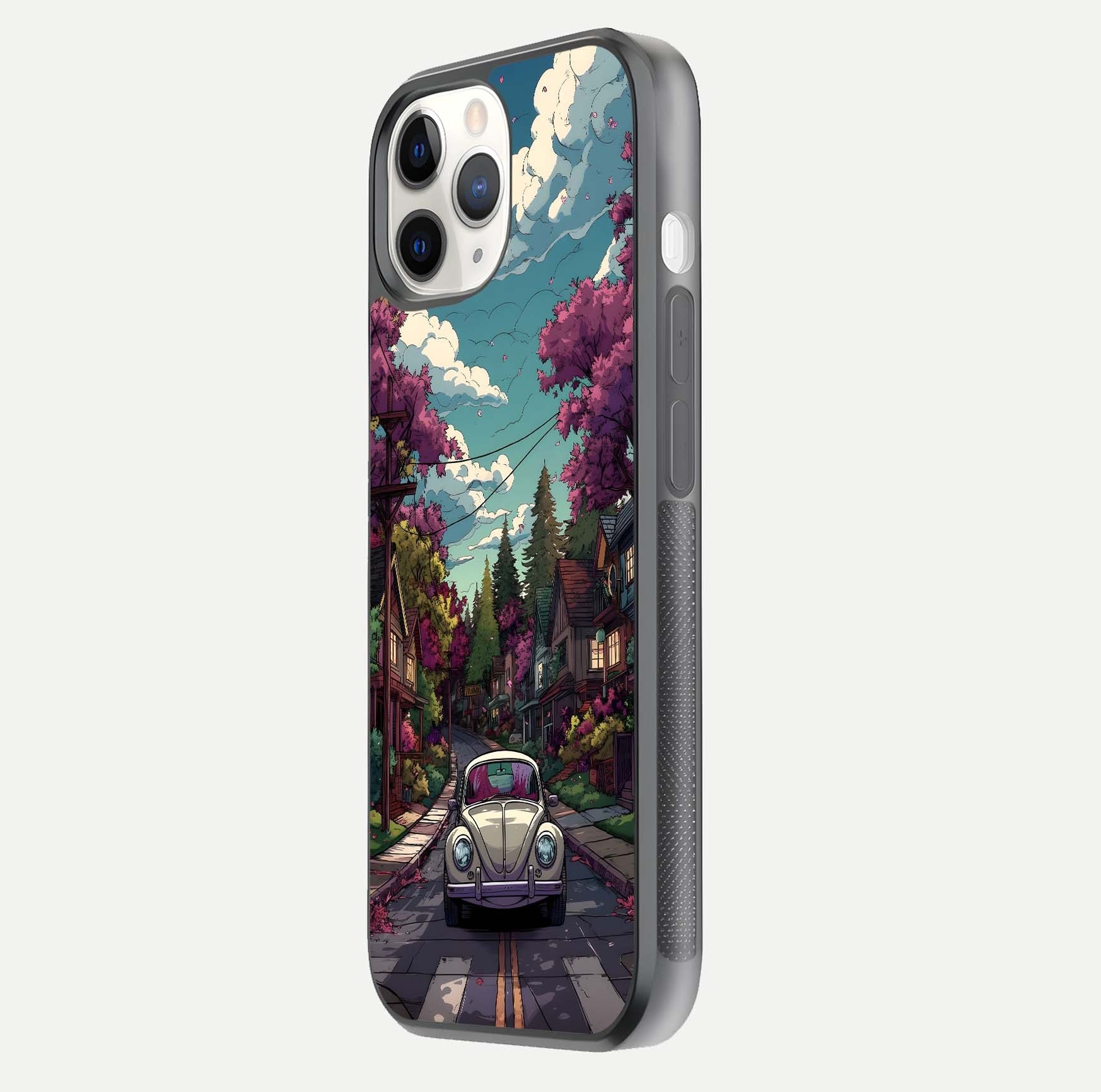 Vintage Street Drive Glass Case for iPhone 11 Pro side-angle image showing gloss reflection and design detail