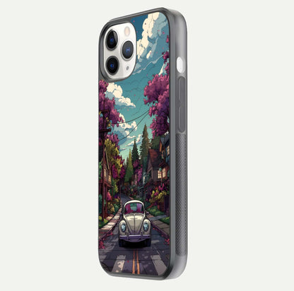 Vintage Street Drive Glass Case for iPhone 11 Pro side-angle image showing gloss reflection and design detail