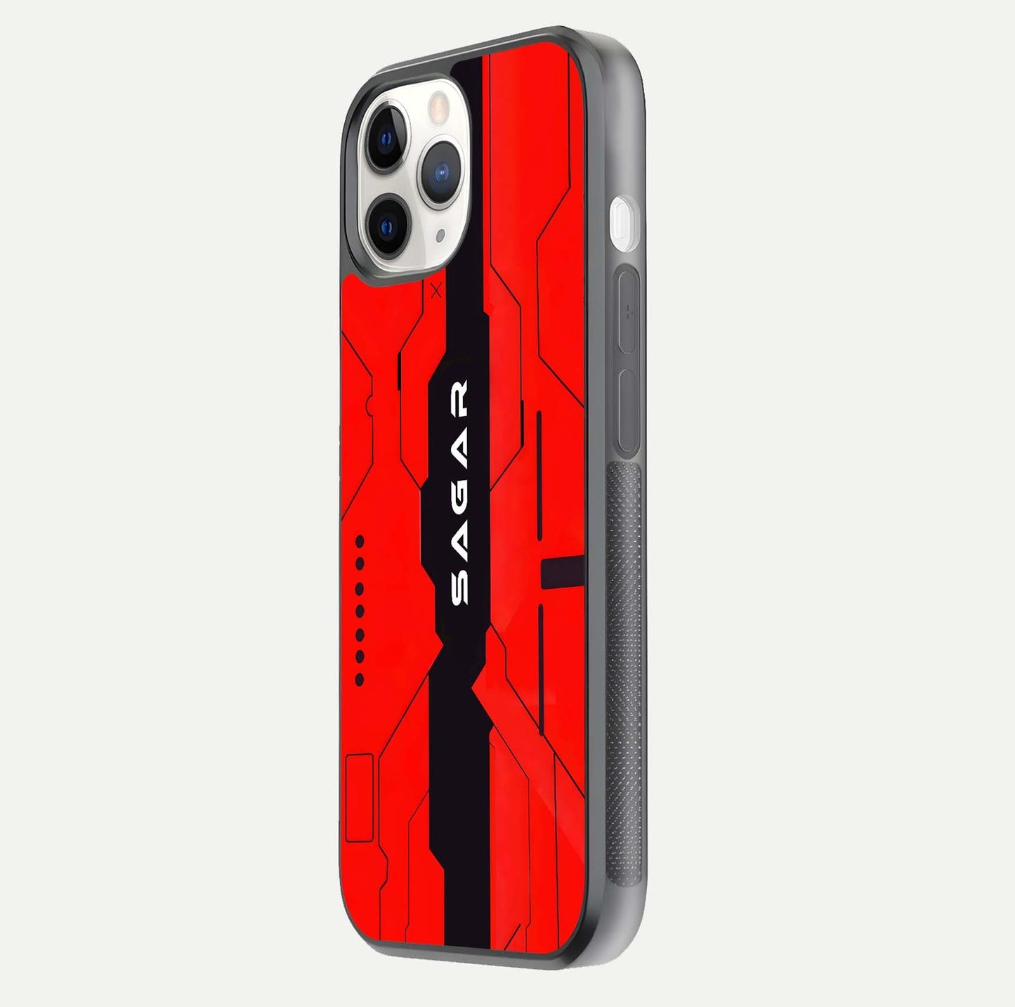Voltage Rise CYBERPUNK Custom Name Glass Case for iPhone 11 Pro side-angle image showing gloss and cyberpunk detail